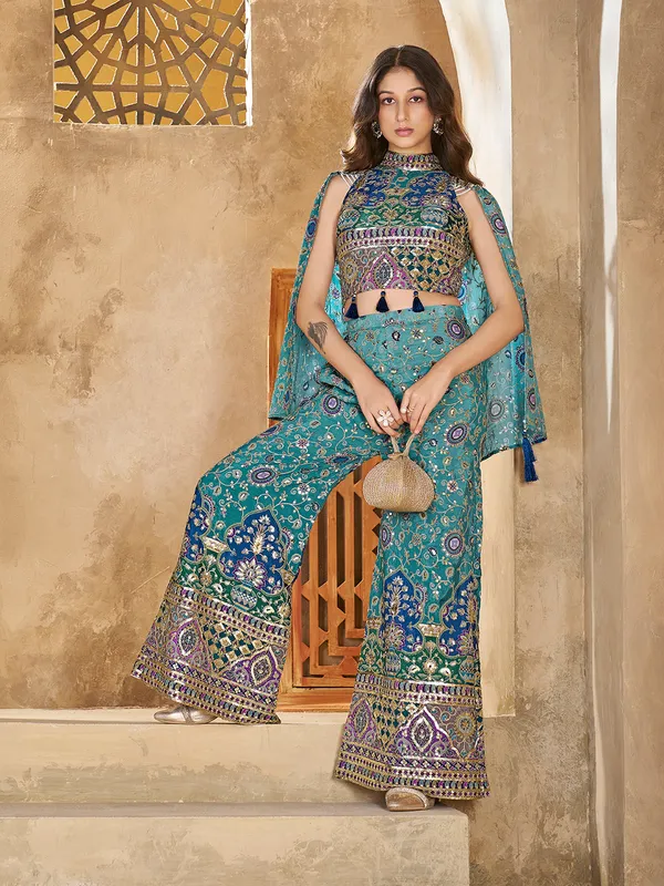 Teal_Sequin_Embroidered_Crop_Top_Palazzo_Cape_Set_For_Women