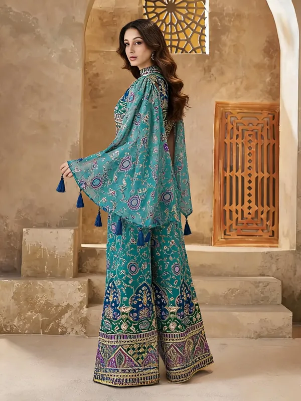 Teal_Sequin_Embroidered_Crop_Top_Palazzo_Cape_Set_For_Women