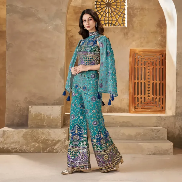 Teal_Sequin_Embroidered_Crop_Top_Palazzo_Cape_Set_For_Women