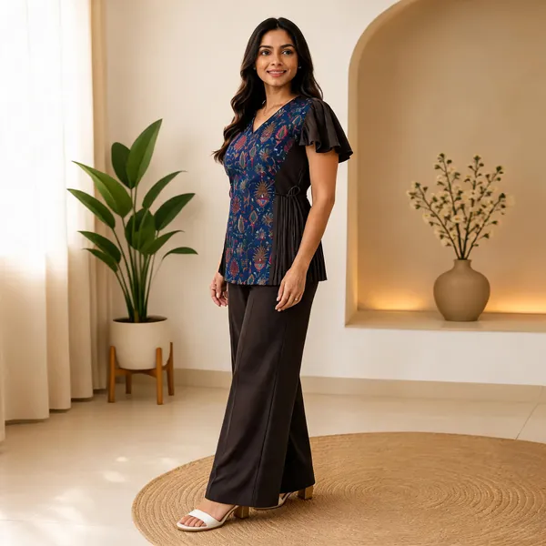 Navy_Blue_Cotton_Embroidered_Pleated_Indo_Western_Co-Ord_Set_For_Women