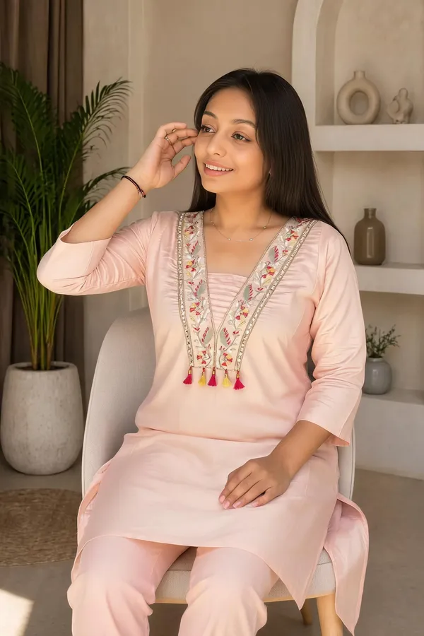 Peach_Titan_Silk_Embroidered_Mirror_Work_Kurti_Set_For_Women