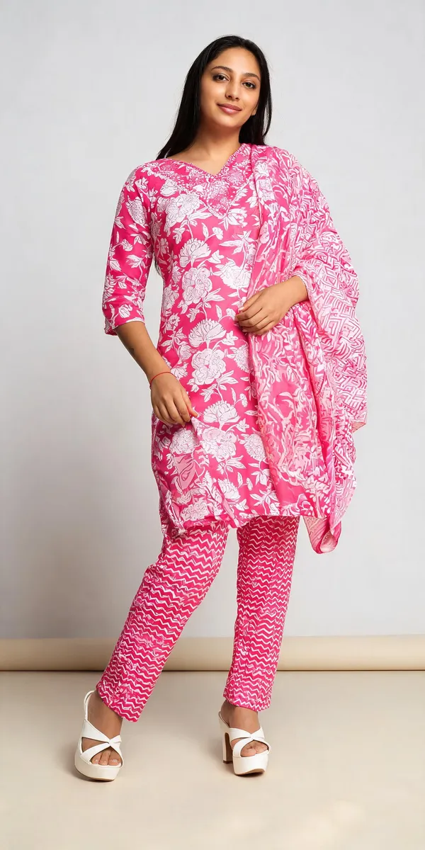 Pink_Cotton_Floral_Printed_Kurta_Trouser_Set_For_Women