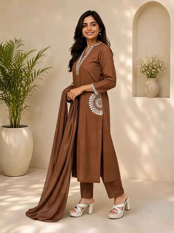 Coffee_Brown_Embroidered_Straight_Kurta_Set_For_Women