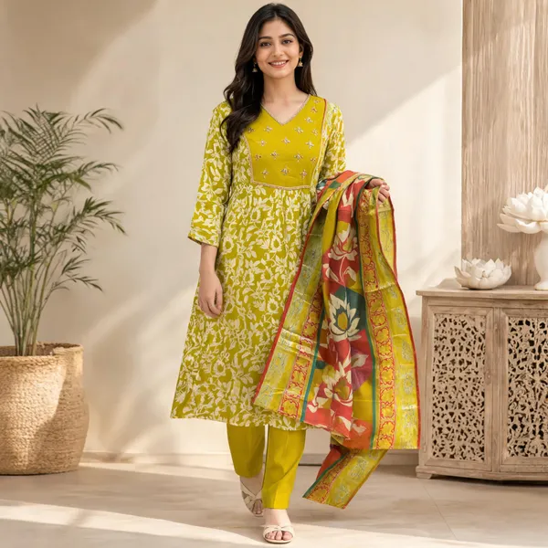 Olive_Green_Cotton_Silk_Floral_Printed_Kurta_Set_For_Women