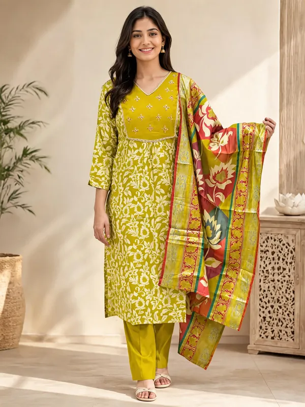 Olive_Green_Cotton_Silk_Floral_Printed_Kurta_Set_For_Women