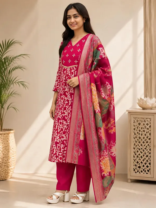 Rani_Pink_Cotton_Silk_Floral_Printed_Kurta_Set_For_Women