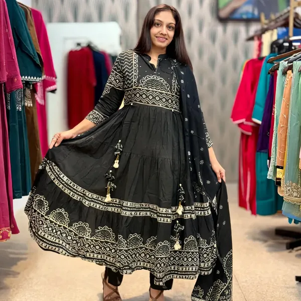Black_Cotton_Anarkali_Printed_Kurti_Set_With_Dupatta_For_Women
