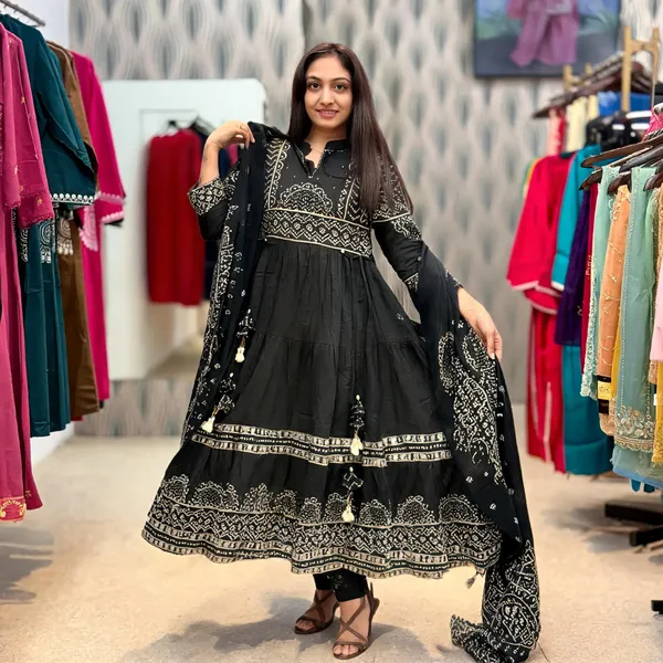 Black_Cotton_Anarkali_Printed_Kurti_Set_With_Dupatta_For_Women