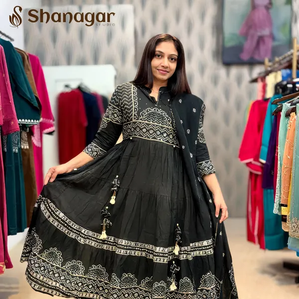 Black_Cotton_Anarkali_Printed_Kurti_Set_With_Dupatta_For_Women