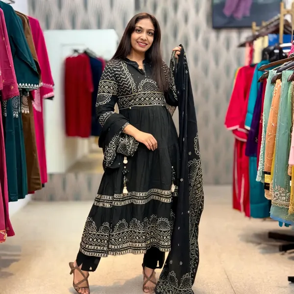Black_Cotton_Anarkali_Printed_Kurti_Set_With_Dupatta_For_Women