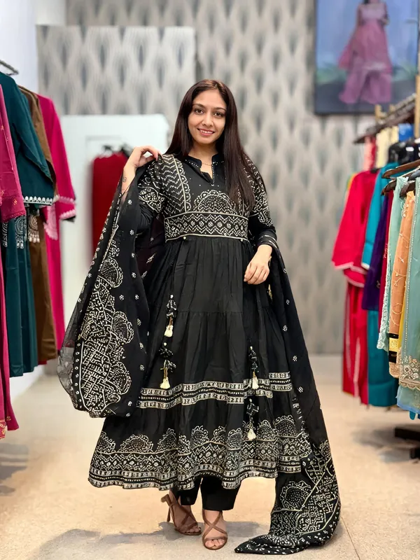 Black_Cotton_Anarkali_Printed_Kurti_Set_With_Dupatta_For_Women