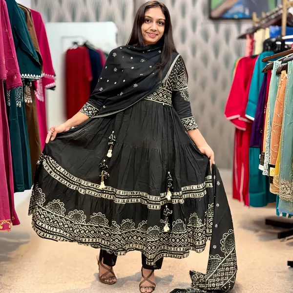Black_Cotton_Anarkali_Printed_Kurti_Set_With_Dupatta_For_Women