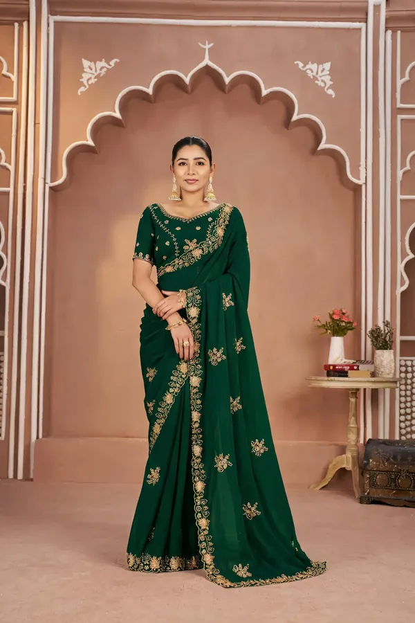 Dark_Green_Mosk_Silk_Beads_Embellished_Saree_For_Women