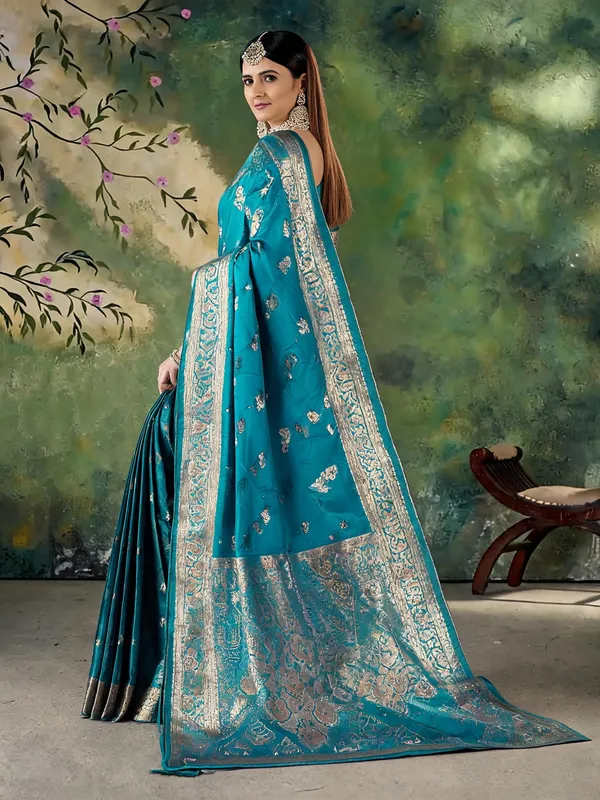 Teal_Blue_Jacquard_Zari_Woven_Banarasi_Saree_For_Women