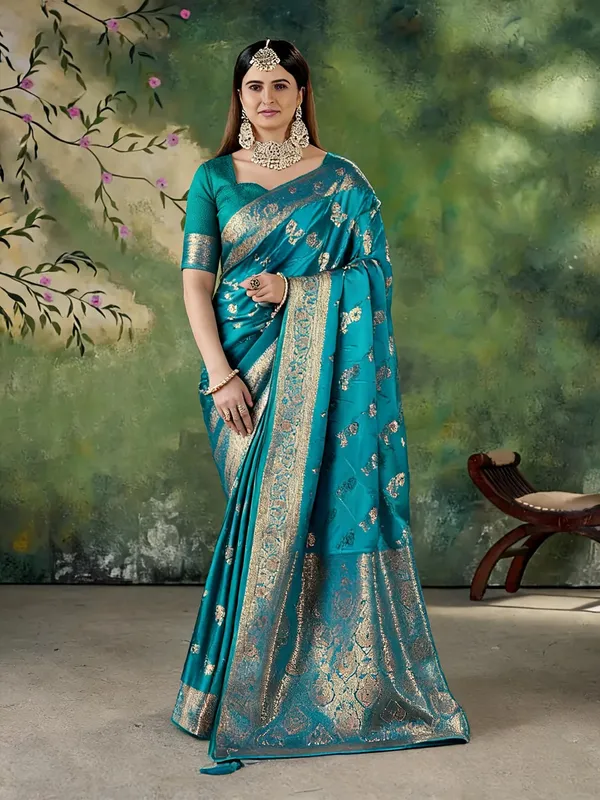 Teal_Blue_Jacquard_Zari_Woven_Banarasi_Saree_For_Women