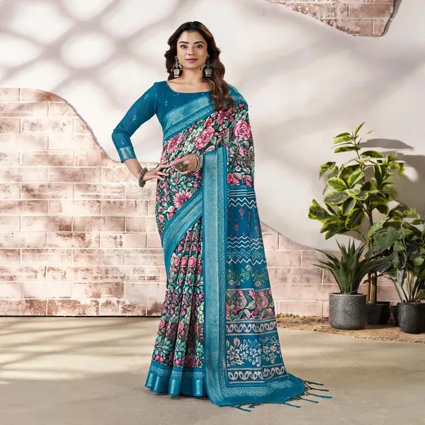 Teal_Blue_Cotton_Floral_Printed_Border_Saree_For_Women