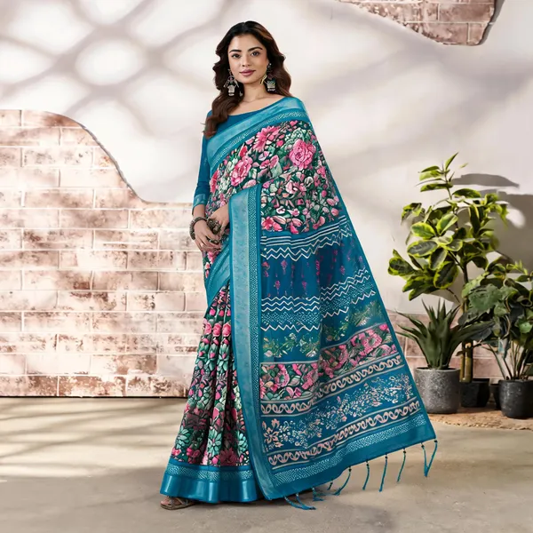 Teal_Blue_Cotton_Floral_Printed_Border_Saree_For_Women