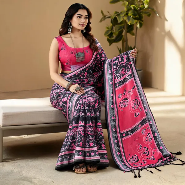 Charcoal_Grey_Cotton_Digital_Print_Pink_Pallu_Saree_For_Women