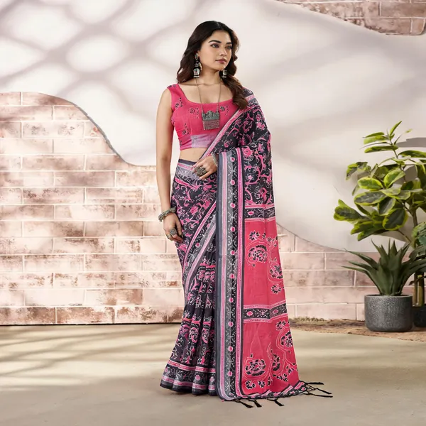 Charcoal_Grey_Cotton_Digital_Print_Pink_Pallu_Saree_For_Women