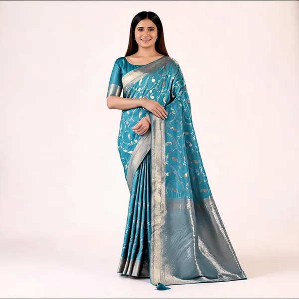Teal_Blue_Jacquard_Zari_Woven_Banarasi_Saree_For_Women