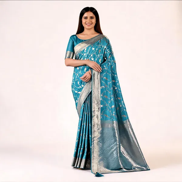 Teal_Blue_Jacquard_Zari_Woven_Banarasi_Saree_For_Women