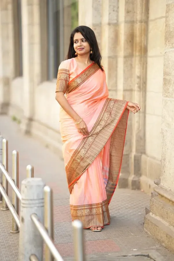 Gopika_Peach_Big_Elephent_Border_Narayanpet_Pure_Cotton_Masarai_Cotton_Saree_With_Running_Blouse_Piece_For_Women