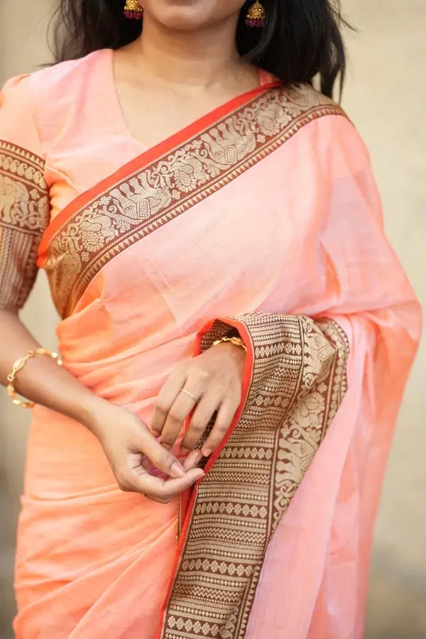Gopika_Peach_Big_Elephent_Border_Narayanpet_Pure_Cotton_Masarai_Cotton_Saree_With_Running_Blouse_Piece_For_Women