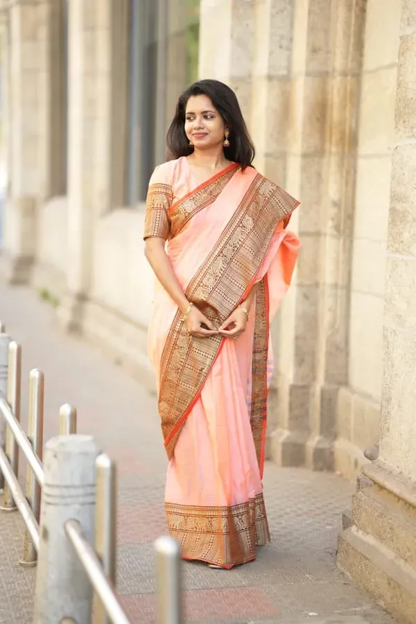 Gopika_Peach_Big_Elephent_Border_Narayanpet_Pure_Cotton_Masarai_Cotton_Saree_With_Running_Blouse_Piece_For_Women