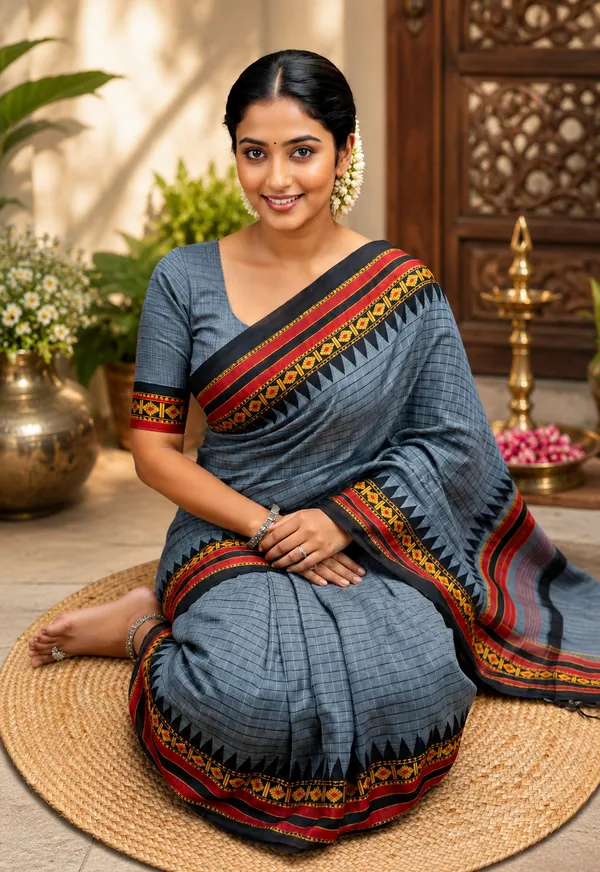 Pure_Grey_Checked_Pattern_Narayanapet_Pure_Mercerized_Cotton_Saree_With_Running_Blouse_For_Women