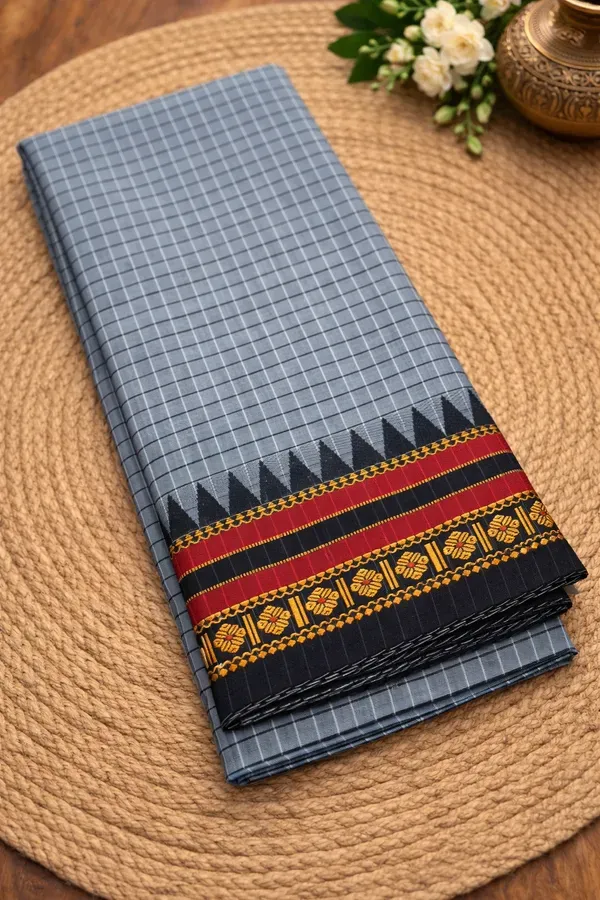 Pure_Grey_Checked_Pattern_Narayanapet_Pure_Mercerized_Cotton_Saree_With_Running_Blouse_For_Women