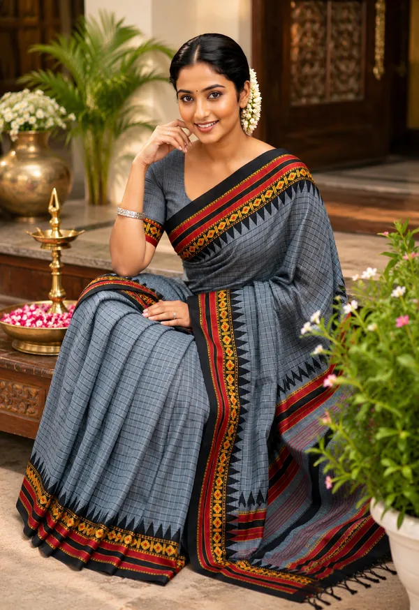 Pure_Grey_Checked_Pattern_Narayanapet_Pure_Mercerized_Cotton_Saree_With_Running_Blouse_For_Women