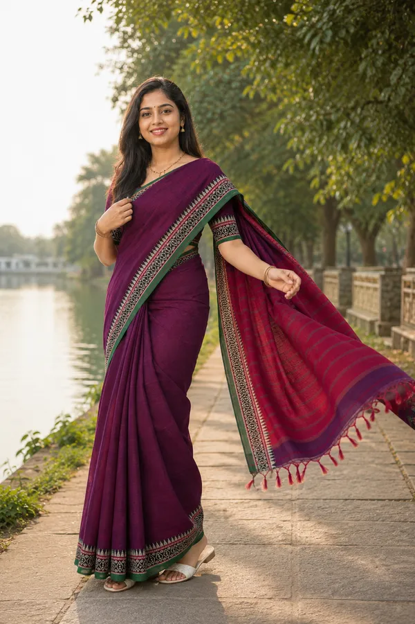 Rich_Megenta_Small_Border_Narayanpet_Pure_Handloom_Cotton_Sarees_With_Running_Blouse_Piece_For_Women