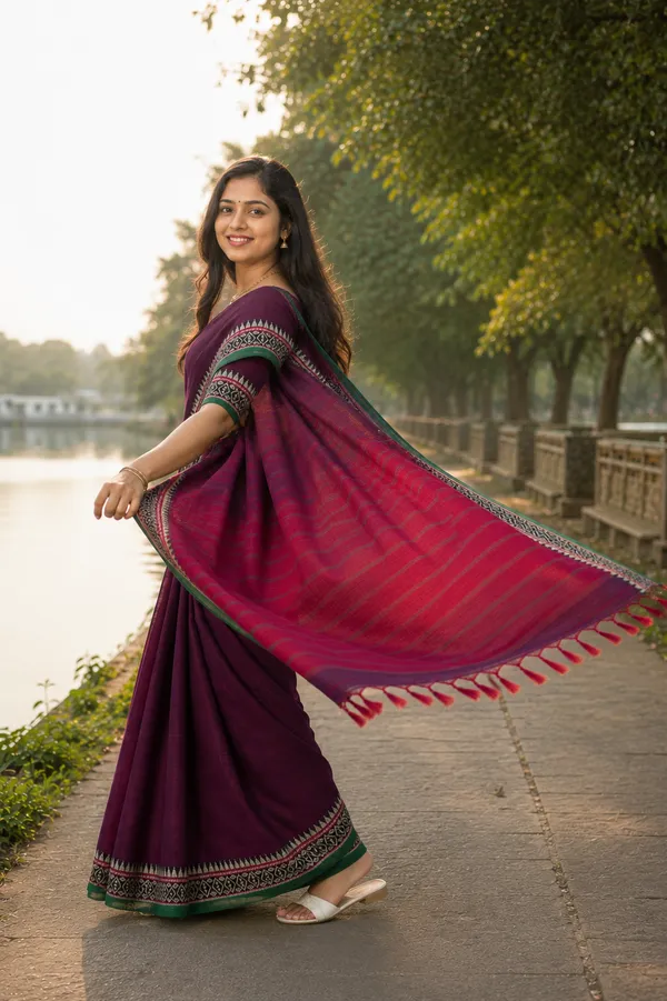 Rich_Megenta_Small_Border_Narayanpet_Pure_Handloom_Cotton_Sarees_With_Running_Blouse_Piece_For_Women