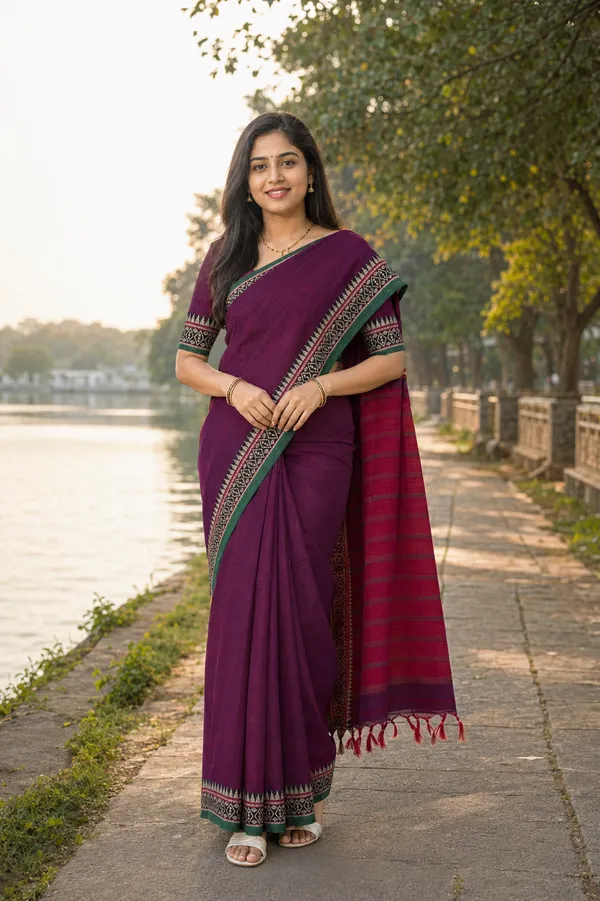 Rich_Megenta_Small_Border_Narayanpet_Pure_Handloom_Cotton_Sarees_With_Running_Blouse_Piece_For_Women