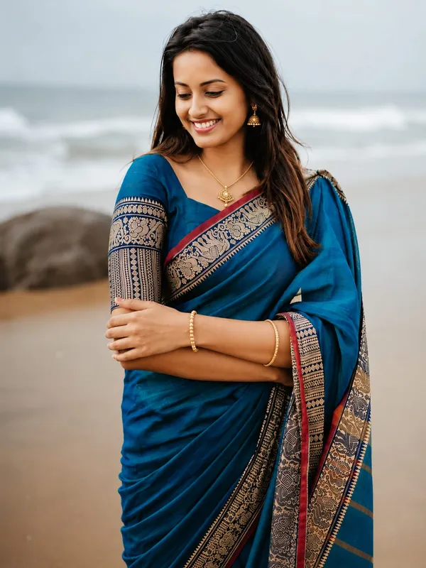 Gopika_Teal_Blue_Big_Elephent_Border_Narayanpet_Pure_Cotton_Saree_With_Running_Blose_Piece_For_Women
