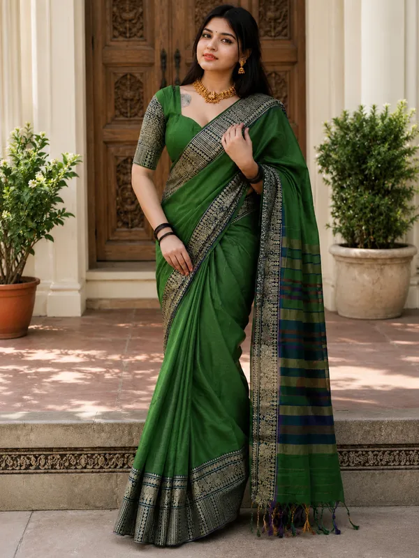 Gopika_Rama_Green_Big_Elephent_Border_Narayanpet_Pure_Cotton_Handloom_Saree_With_Running_Blouse_Piece_For_Women