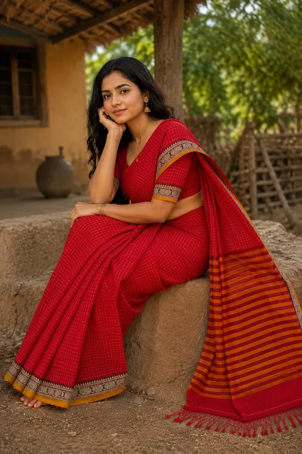 Deepali_Dual_Tone_Red_With_Yellow_Small_Checks_Narayanapet_Pure_Cotton_Saree_With_Running_Blouse_Piece_Same_As_A_Saree_Color_For_Women