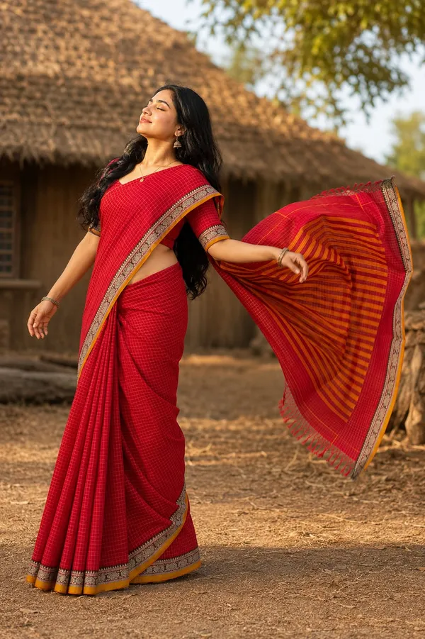 Deepali_Dual_Tone_Red_With_Yellow_Small_Checks_Narayanapet_Pure_Cotton_Saree_With_Running_Blouse_Piece_Same_As_A_Saree_Color_For_Women