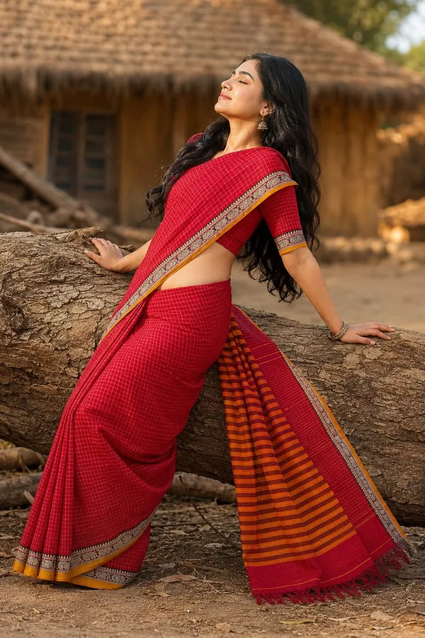Deepali_Dual_Tone_Red_With_Yellow_Small_Checks_Narayanapet_Pure_Cotton_Saree_With_Running_Blouse_Piece_Same_As_A_Saree_Color_For_Women