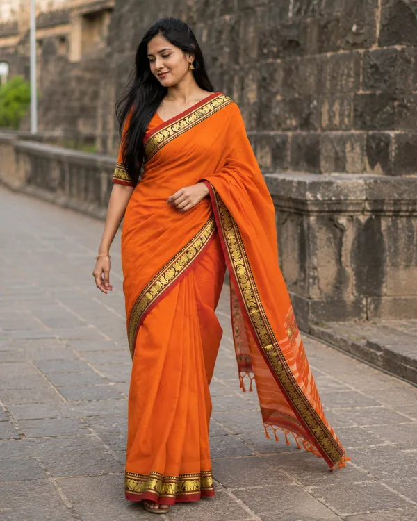Orange_Cotton_Narayanpet_Saree_With_Embroidered_Border_For_Women