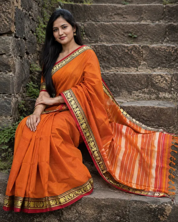 Orange_Cotton_Narayanpet_Saree_With_Embroidered_Border_For_Women