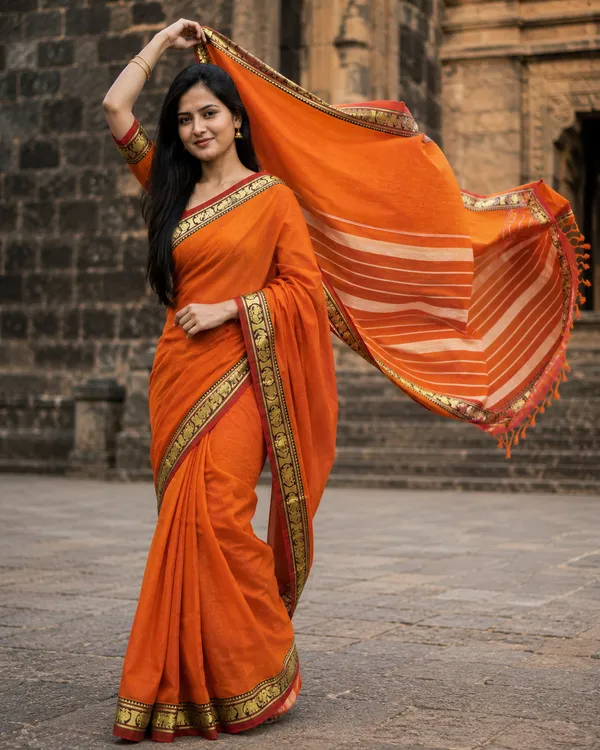 Orange_Cotton_Narayanpet_Saree_With_Embroidered_Border_For_Women