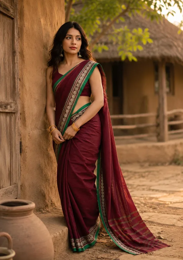 Vedika_Marron_Authentic_Narayanpet_Pure_Handloom_Cotton_Saree_With_Running_Blouse__For_Women