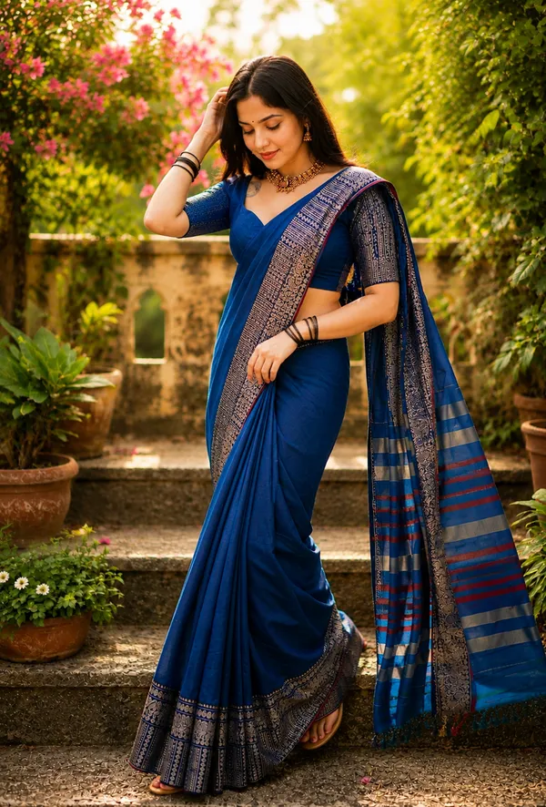 Gopika_Rama_Blue_Big_Elephent_Border_Narayanpet_Pure_Cotton_Handloom_Saree_With_Running_Blouse_Piece_For_Women