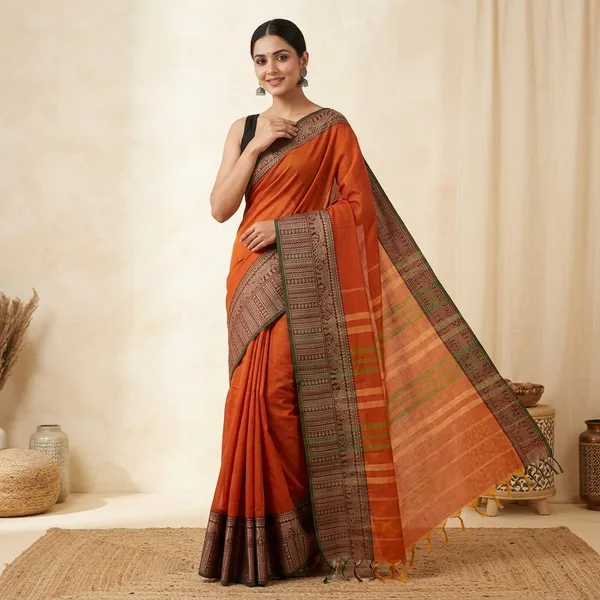 Gopika_Rama_Orange_Big_Elephent_Border_Narayanpet_Pure_Cotton_Handloom_Saree_With_Running_Blouse_Piece_For_Women