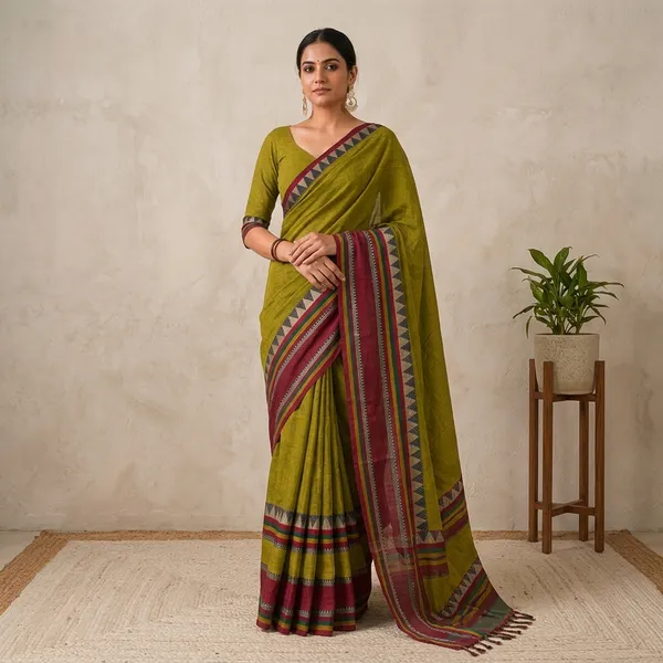 Rangoli_Border_Parrot_Green_Narayanpet_Pure_Handloom_Cotton_Sarees_With_Running_Blouse_Piece_For_Women