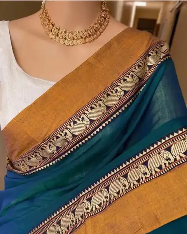 Elephant_Border_Traditional_Handloom_Pure_Mercerized_Cotton_Saree_With_Running_Blouse_Piece_(Rama)