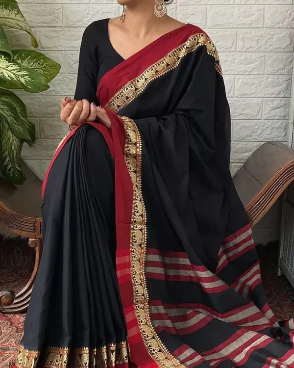 Brindha_Black_Elephant_Border_Traditional_Handloom_Pure_Mercerized_Cotton_saree_With_Running_Blouse_For_Women_