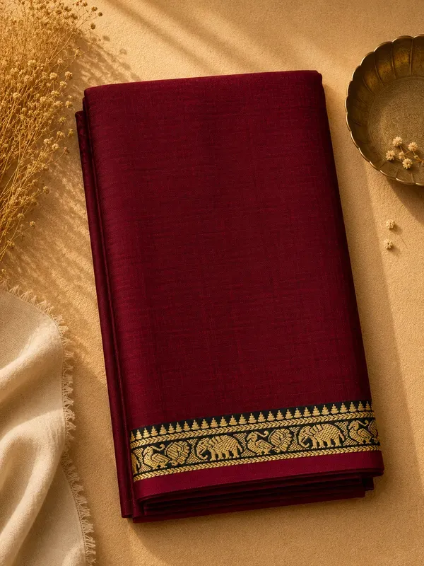 Dual_Tone_Ragini_Maroon_Elephant_Small_Border_Narayanpet_Pure_Handloom_Cotton_Sarees_With_Running_Blouse_Piece_For_Women