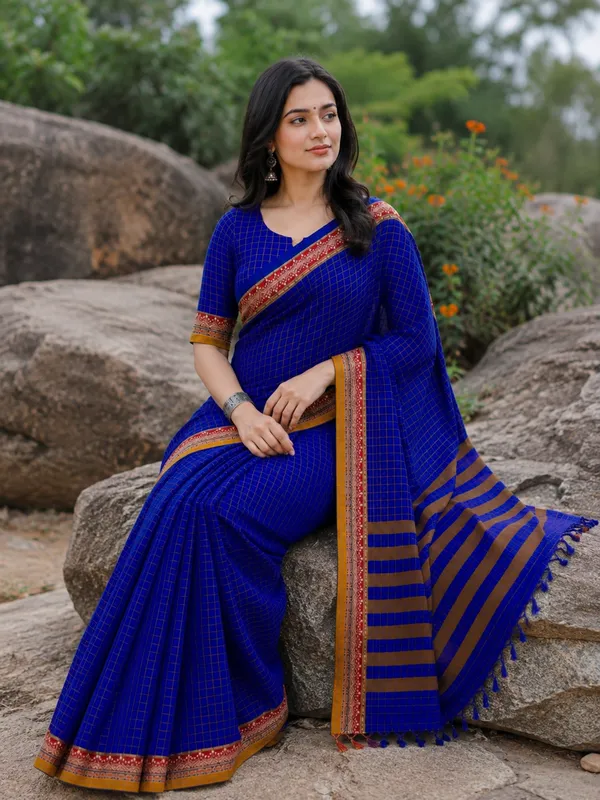 Royal_Blue_Narayanapet_Pure_Cotton_Small_Checks_Saree_For_Women_Blouse_Piece_Same_Saree_Color_For_Women